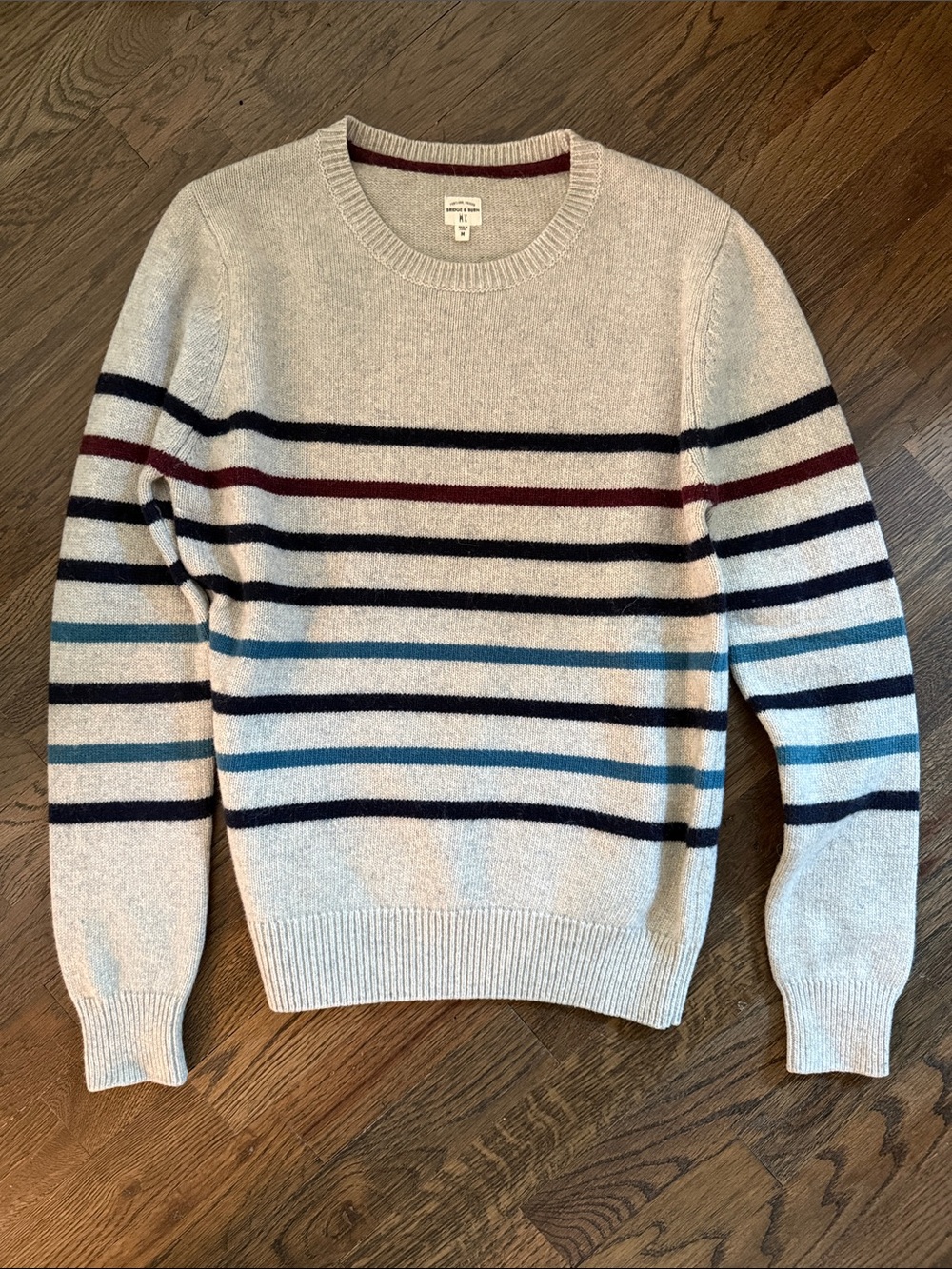 Women’s Crewneck Sweater in Beige with Navy & Burgundy Stripes